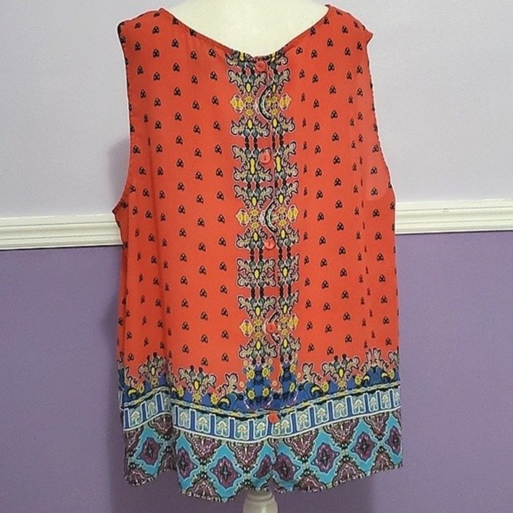 Cynthia Rowley Salmon Colorful Boho Print Button Down Back Sleeveless Top 2X - Picture 5 of 8